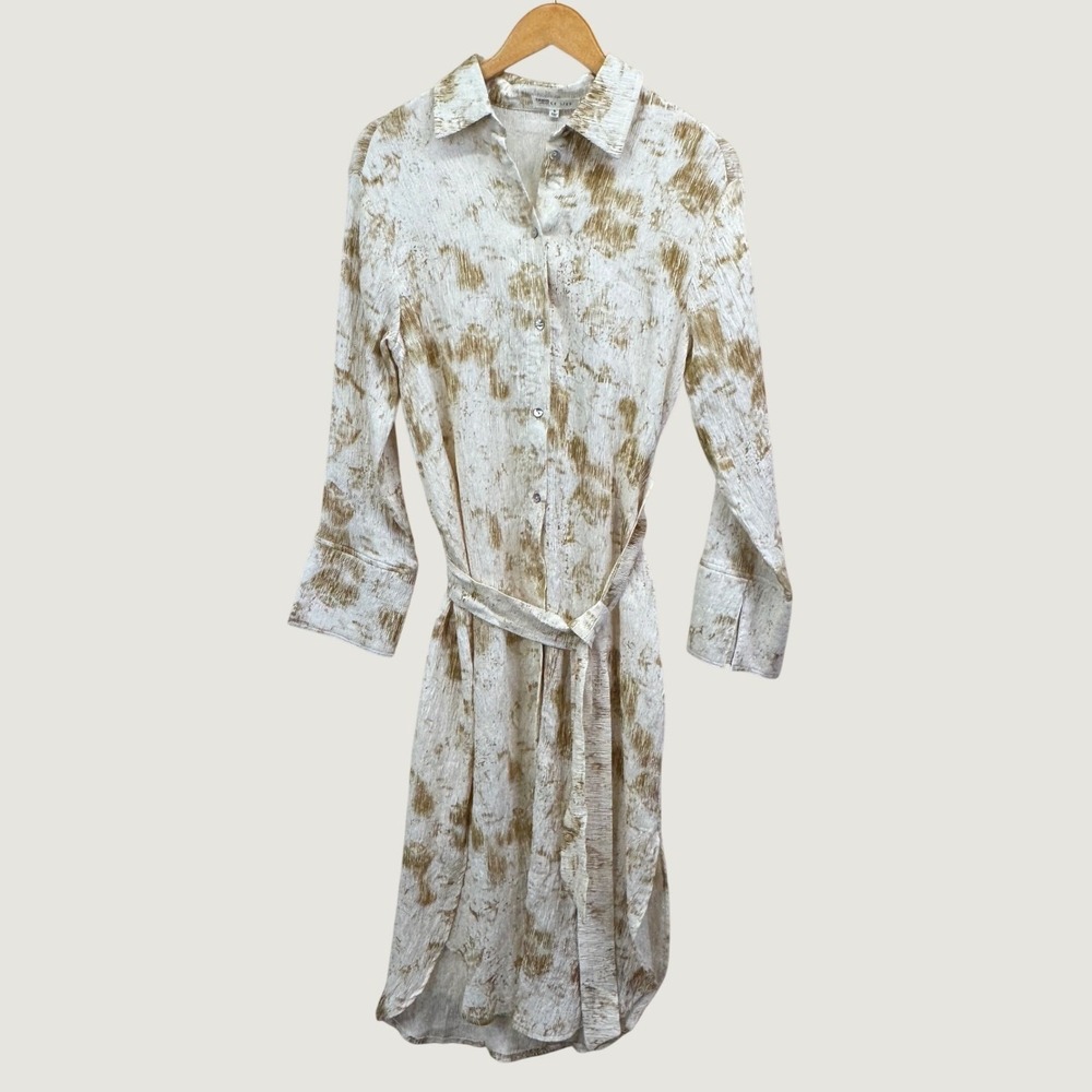 Le Lies Shirt Dress Womens M White Tan Tie Dye Belted Boho Coastal Chic Midi